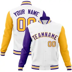 White Purple-White Raglan Varsity Letterman Full-Snap Jacket 1