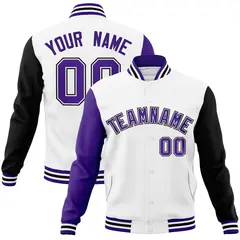 White Purple-White Raglan Varsity Letterman Full-Snap Jacket 1