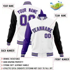 White Purple-White Raglan Varsity Letterman Full-Snap Jacket 4