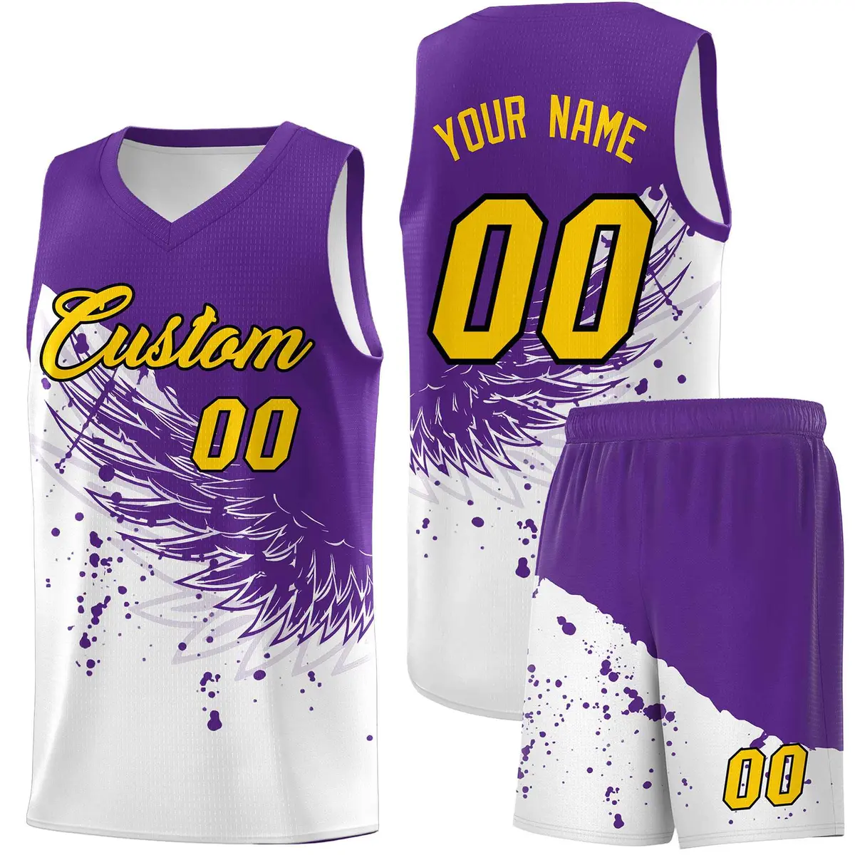 White Purple Wing Pattern Basketball Jersey Sports Uniform