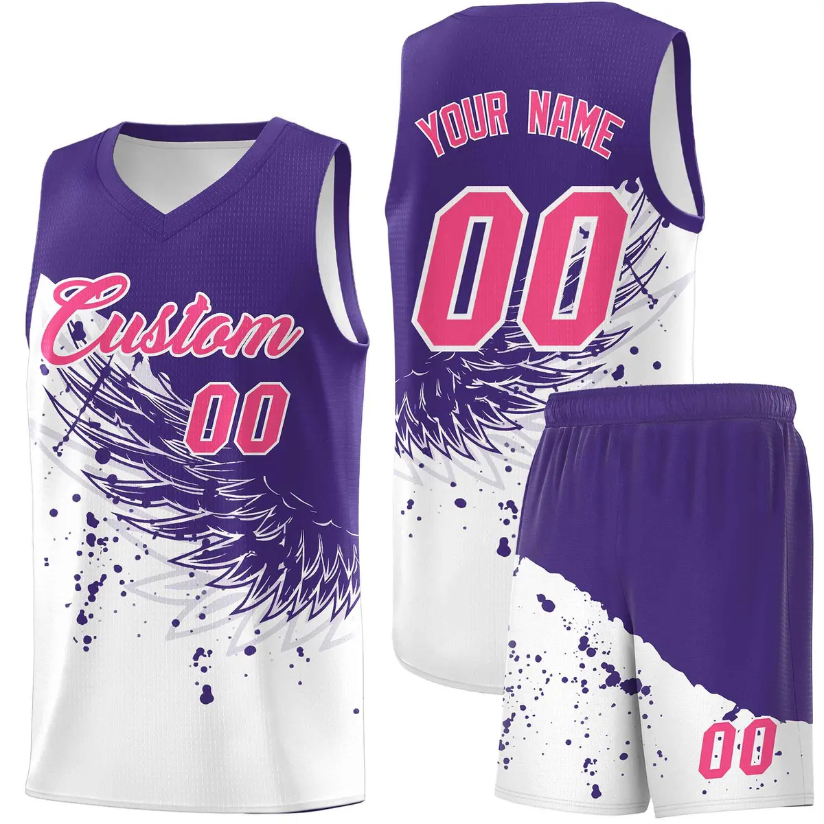 White Purple Wing Pattern Basketball Jersey Sports Uniform