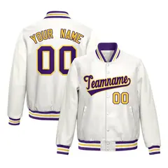 White Purple Yellow Full-Snap Varsity Faux Leather Letterman Jacket 1