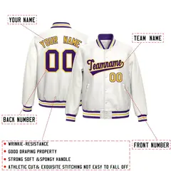 White Purple Yellow Full-Snap Varsity Faux Leather Letterman Jacket 2