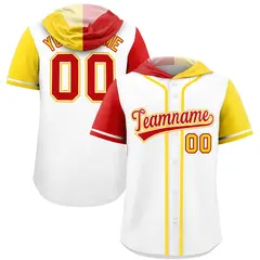 White Red and Gold Split Raglan Baseball Hoodie Jersey