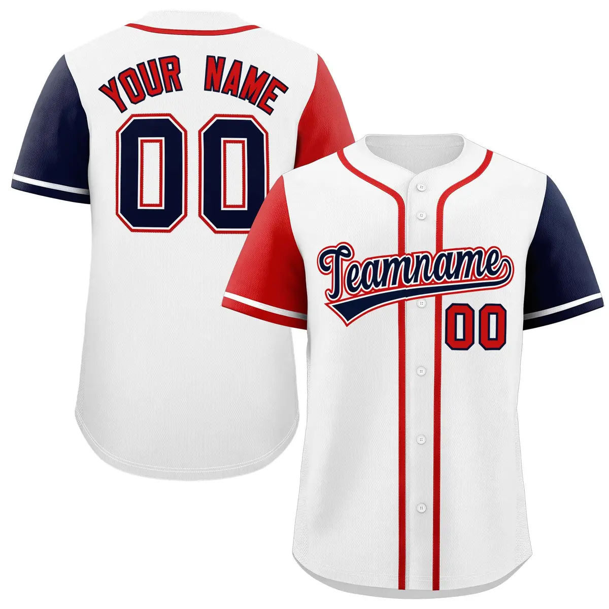 White Red and Navy Raglan Sleeves Baseball Jersey