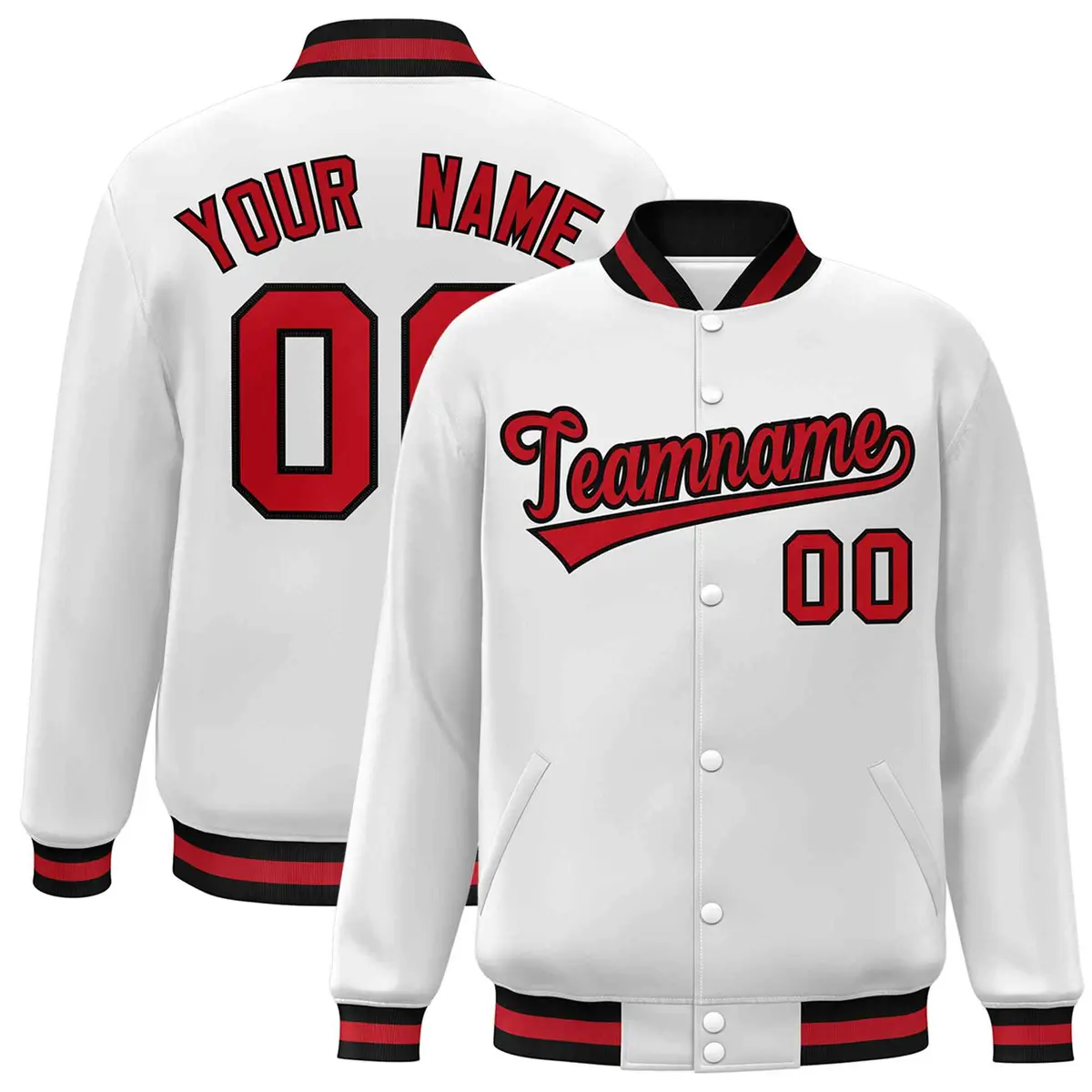 White Red Black Classic Varsity Full-Snap Letterman Jacket