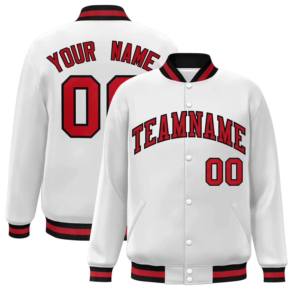 White Red Black Classic Varsity Full-Snap Letterman Jacket