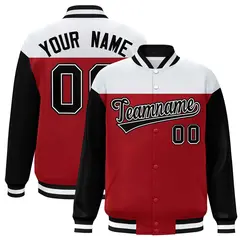White Red-Black Color Block Letterman Varsity Baseball Jacket
