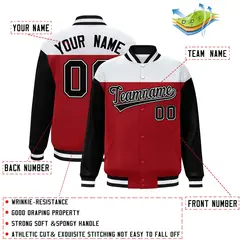 White Red-Black Color Block Letterman Varsity Baseball Jacket 2