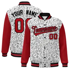 White Red-Black Line Graffiti Raglan Varsity Letterman Baseball Jacket 1