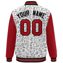 White Red-Black Line Graffiti Raglan Varsity Letterman Baseball Jacket 4