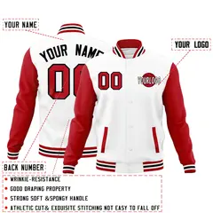 White Red Black Raglan Sleeve Cotton Letterman Jacket 2