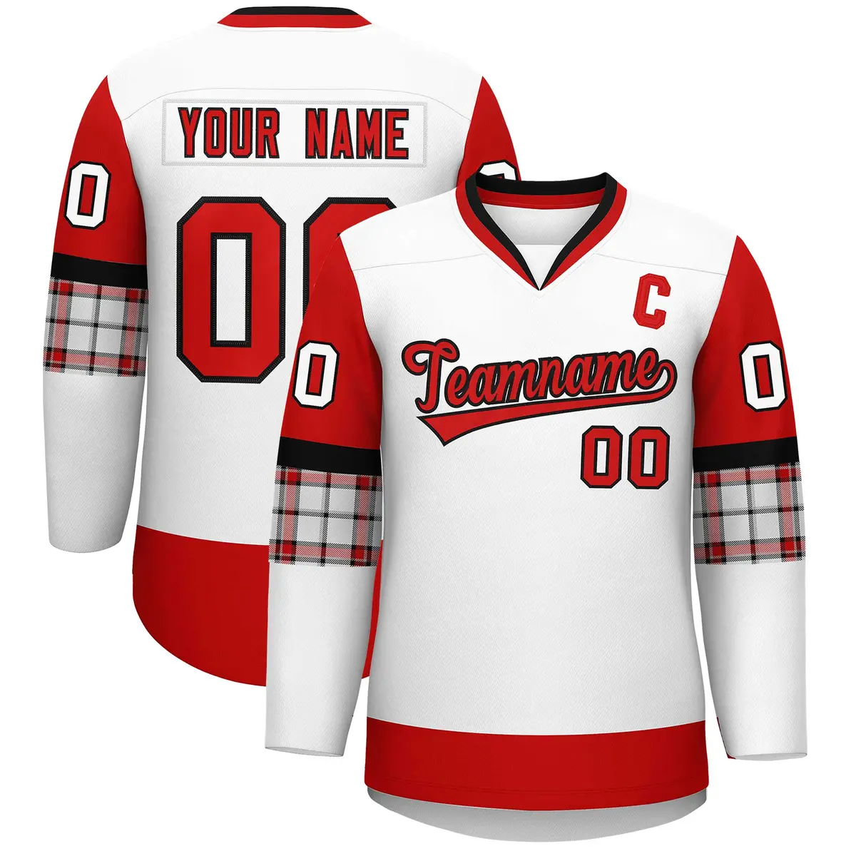 White Red-Black Raglan V-Neck Hockey Jersey