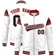 White Red-Black Shoulder Color Block Full-Zip Varsity Letterman Bomber Jacket 1