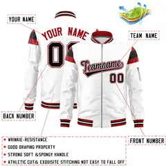 White Red-Black Shoulder Color Block Full-Zip Varsity Letterman Bomber Jacket 2
