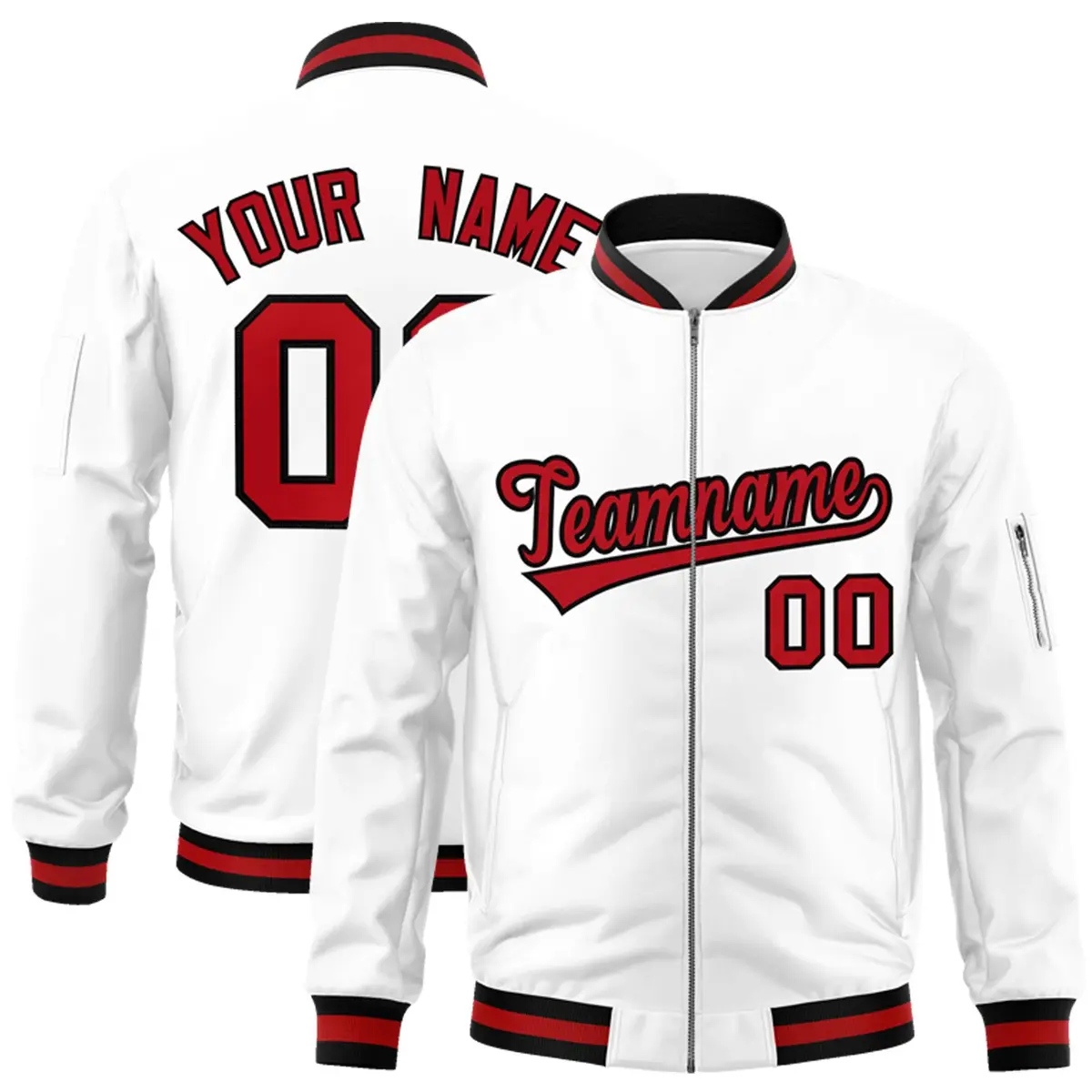 White Red-Black Varsity Full-Zip Letterman Bomber Jacket