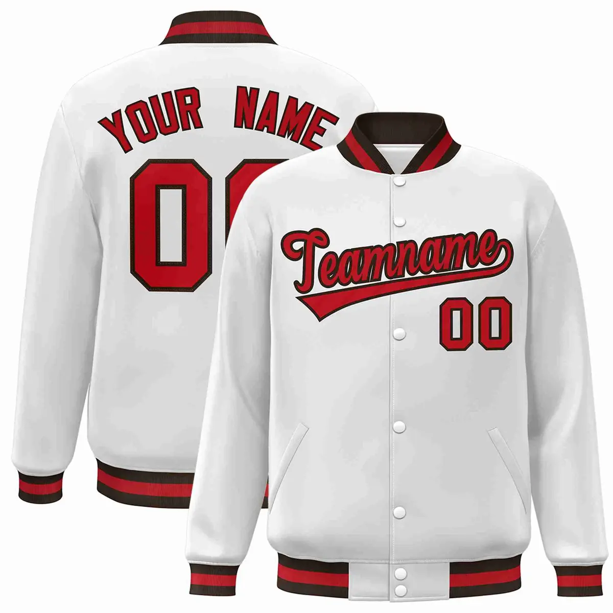 White Red-Brown Classic Varsity Full-Snap Letterman Jacket