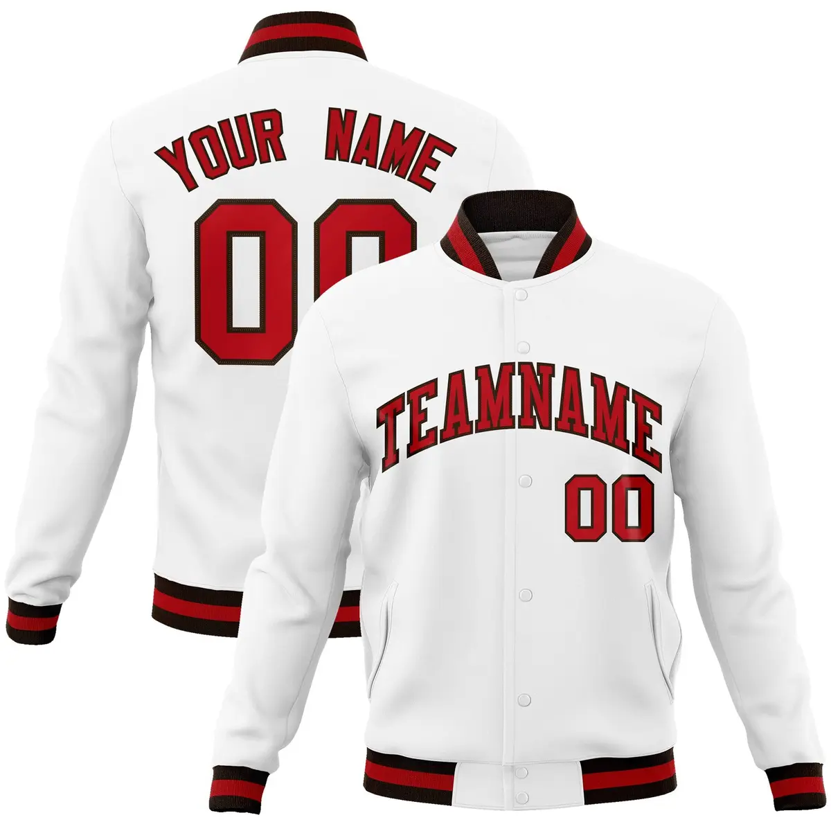 White Red-Brown Classic Varsity Full-Snap Letterman Jacket