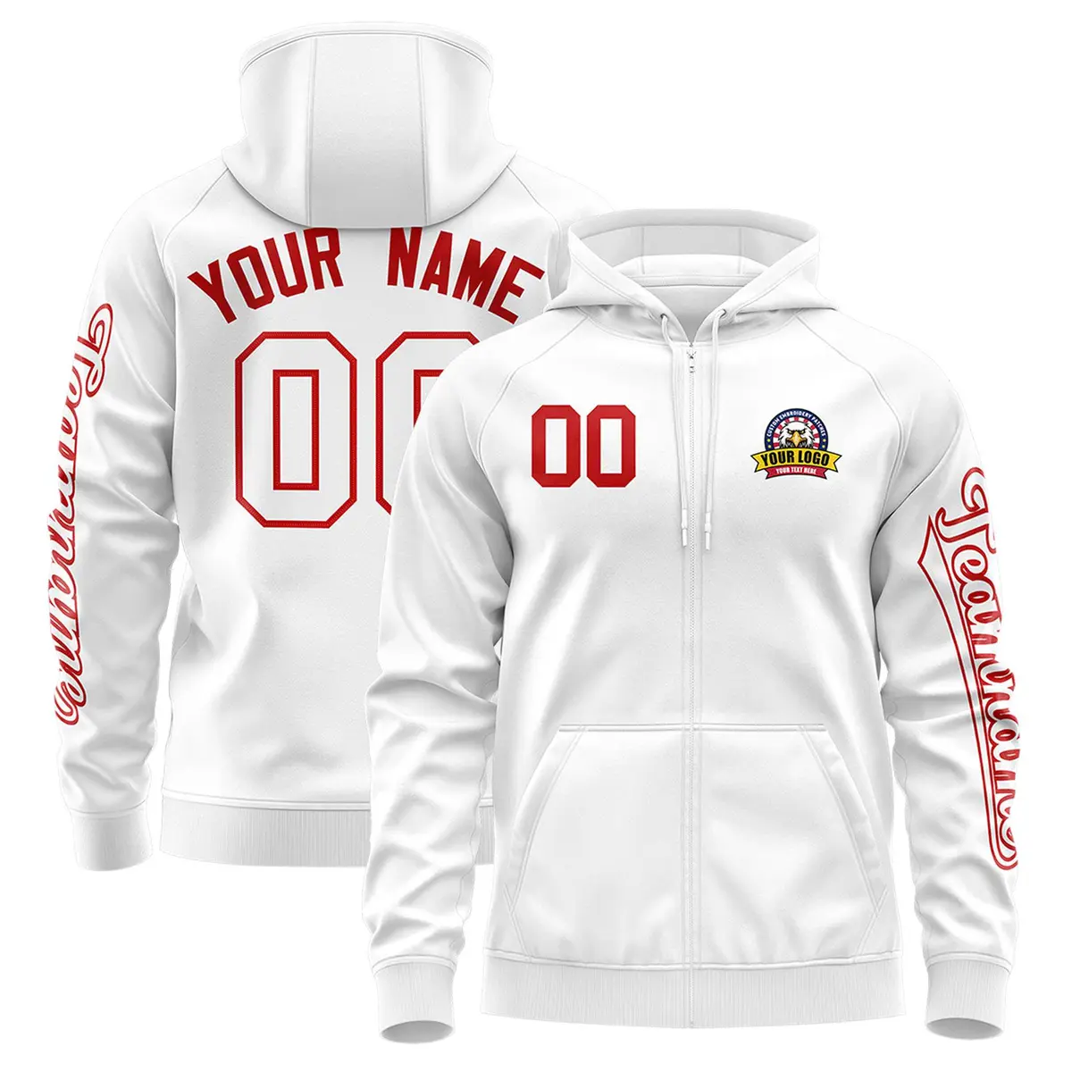 White Red Classic Full-Zip Varsity Letterman Jacket Hoodie