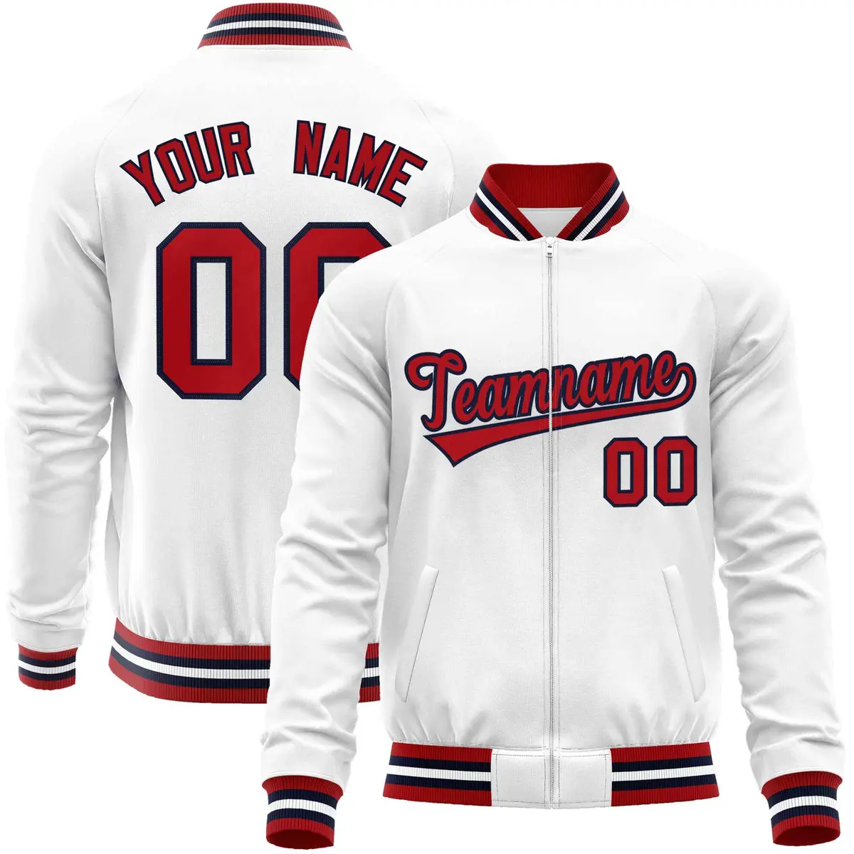 White Red Classic Varsity Full-Zip Letterman Baseball Jacket