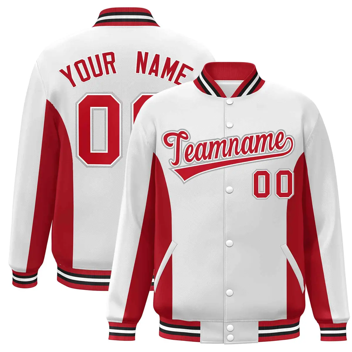White Red Color Block Varsity Letterman Baseball Jacket