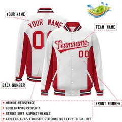 White Red Color Block Varsity Letterman Baseball Jacket 2