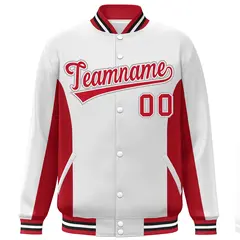 White Red Color Block Varsity Letterman Baseball Jacket 3