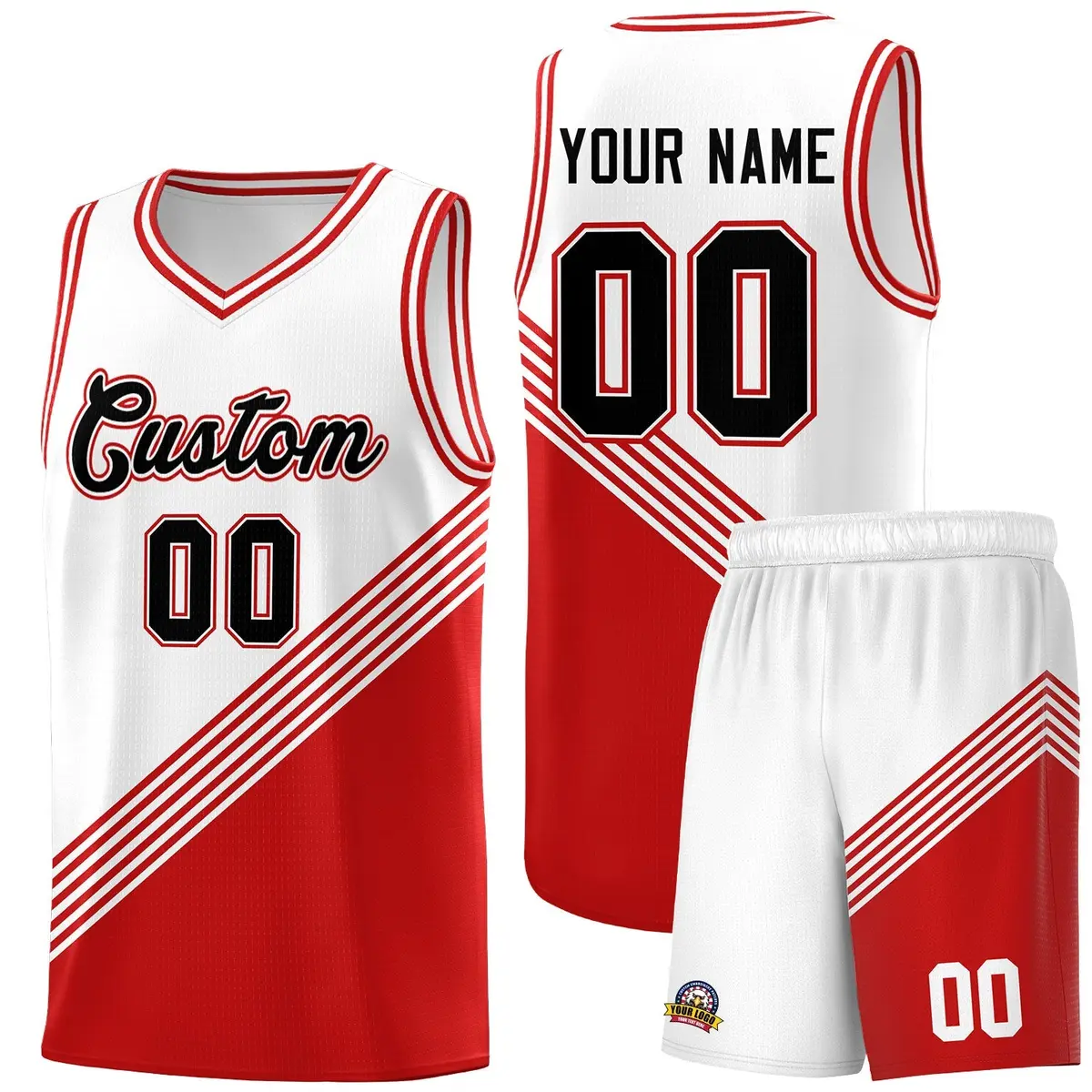 White Red Diagonal Stripe Color Block Basketball Jersey