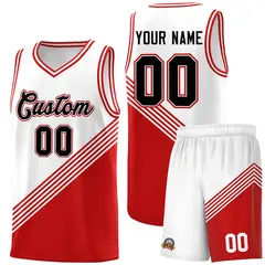 White Red Diagonal Stripe Color Block Basketball Jersey