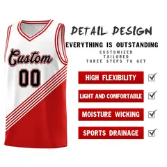 White Red Diagonal Stripe Color Block Basketball Jersey 2