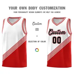 White Red Diagonal Stripe Color Block Basketball Jersey 3