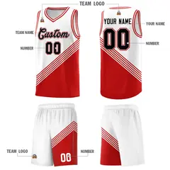 White Red Diagonal Stripe Color Block Basketball Jersey 5
