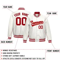 White Red Full-Snap Varsity Faux Leather Letterman Jacket 2