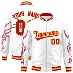 White Red Full-Zip Dragon Head Graffiti Varsity Letterman Bomber Jacket