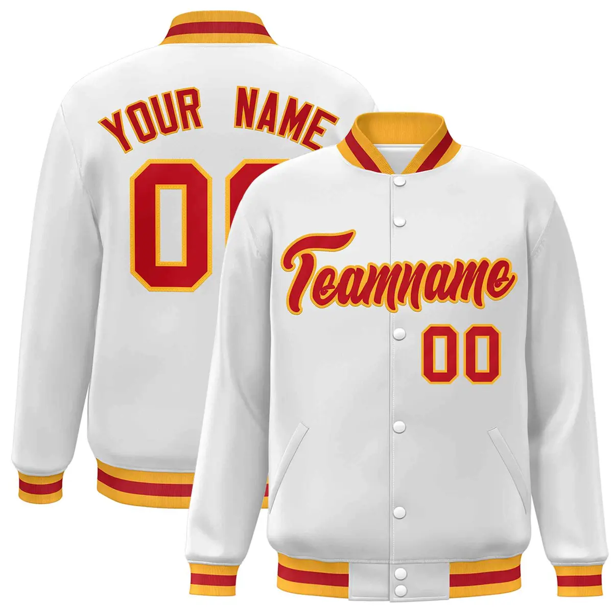 White Red-Gold Classic Varsity Full-Snap Letterman Jacket