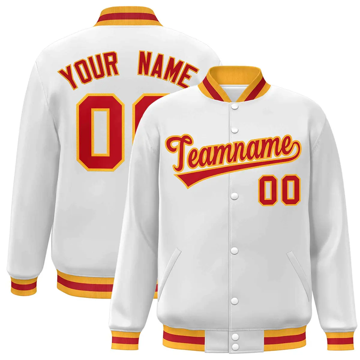 White Red-Gold Classic Varsity Full-Snap Letterman Jacket