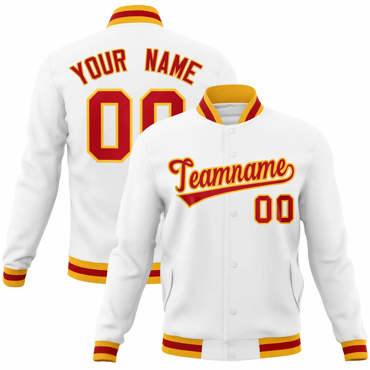 White Red-Gold Classic Varsity Full-Snap Letterman Jacket