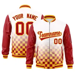 White Red-Gold Grid Color Block Letterman Raglan Jacket 1
