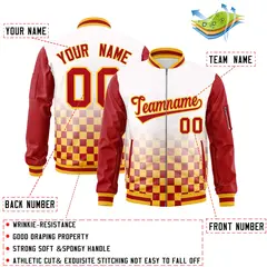 White Red-Gold Grid Color Block Letterman Raglan Jacket 2