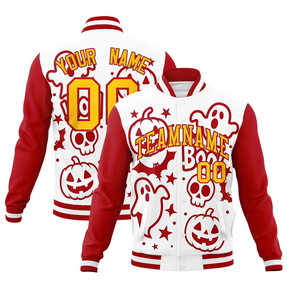 White Red Gold Halloween Bats Pumpkins Ghost Letterman Jacket