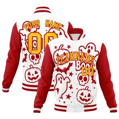 White Red Gold Halloween Bats Pumpkins Ghost Letterman Jacket
