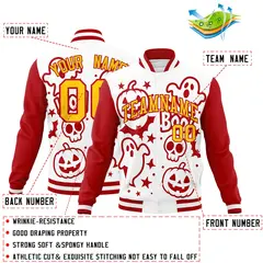 White Red Gold Halloween Bats Pumpkins Ghost Letterman Jacket 2