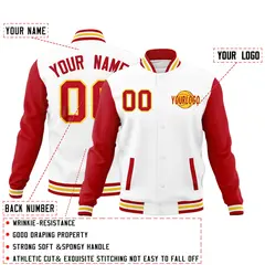 White Red Gold Raglan Sleeves Cotton Letterman Jacket 2