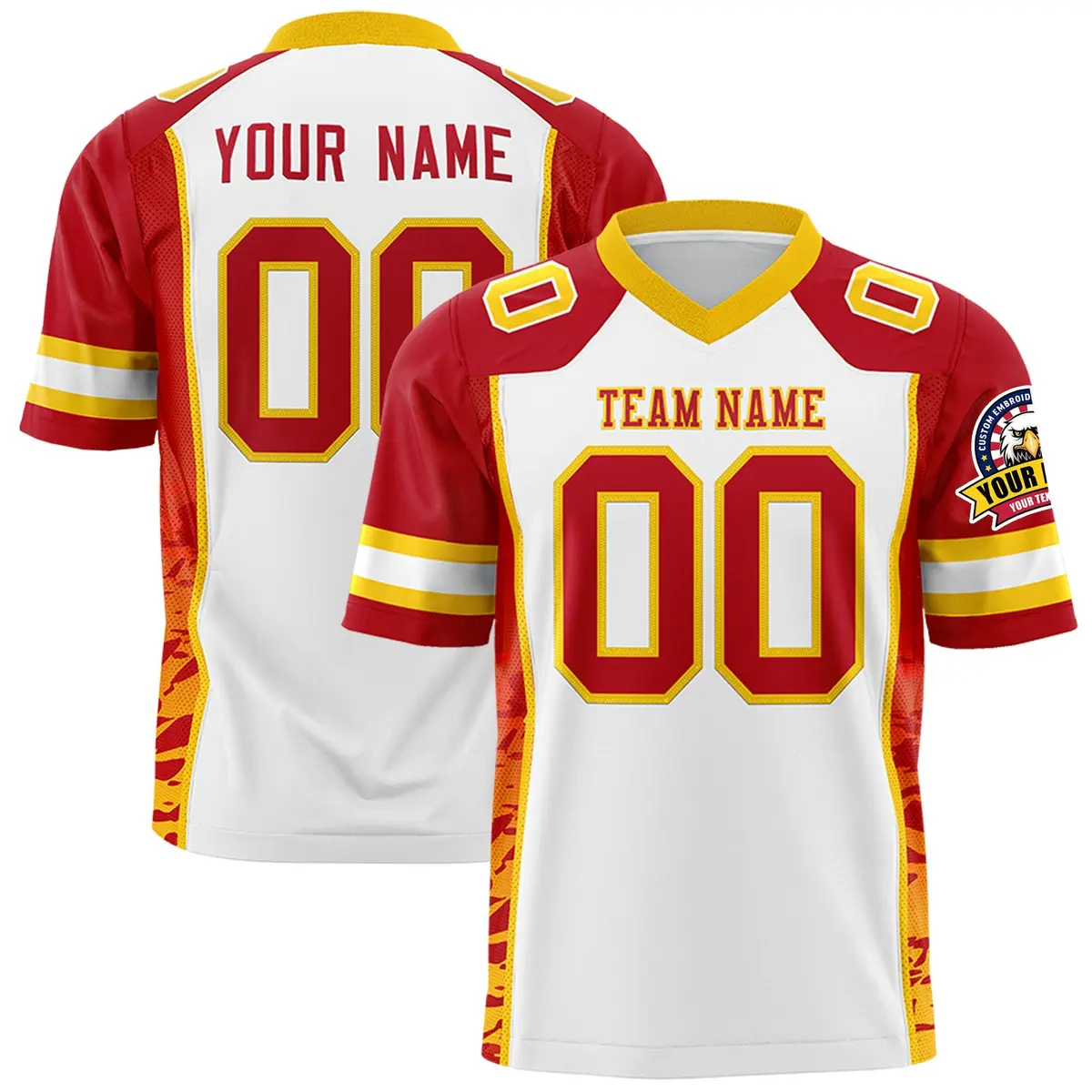 White Red-Gold Raglan Sleeves Side Pattern Football Jersey