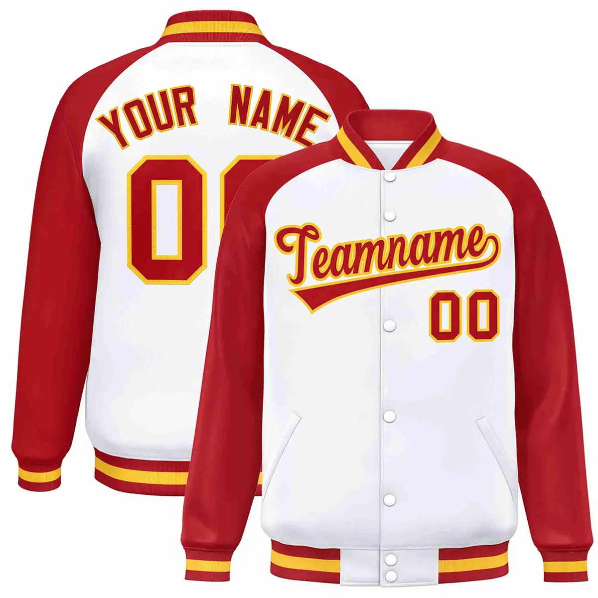 White Red-Gold Raglan Varsity Letterman Full-Snap Jacket