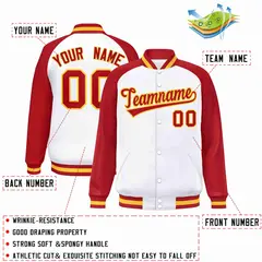White Red-Gold Raglan Varsity Letterman Full-Snap Jacket 2