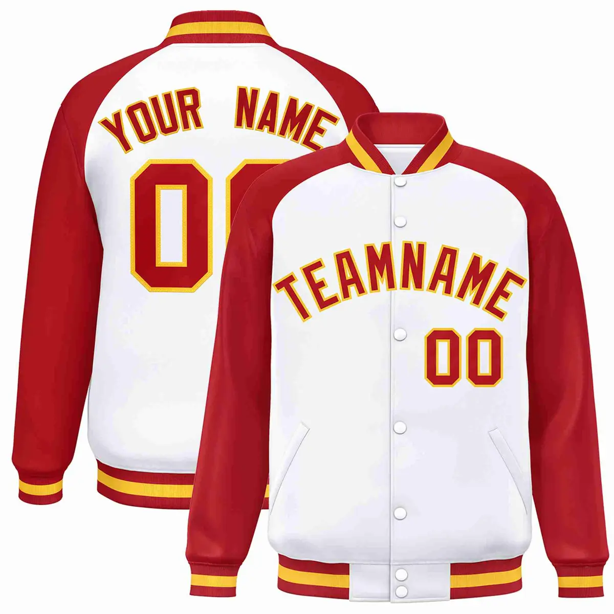White Red-Gold Raglan Varsity Letterman Full-Snap Jacket