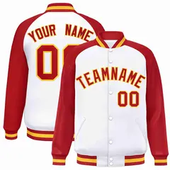 White Red-Gold Raglan Varsity Letterman Full-Snap Jacket 1