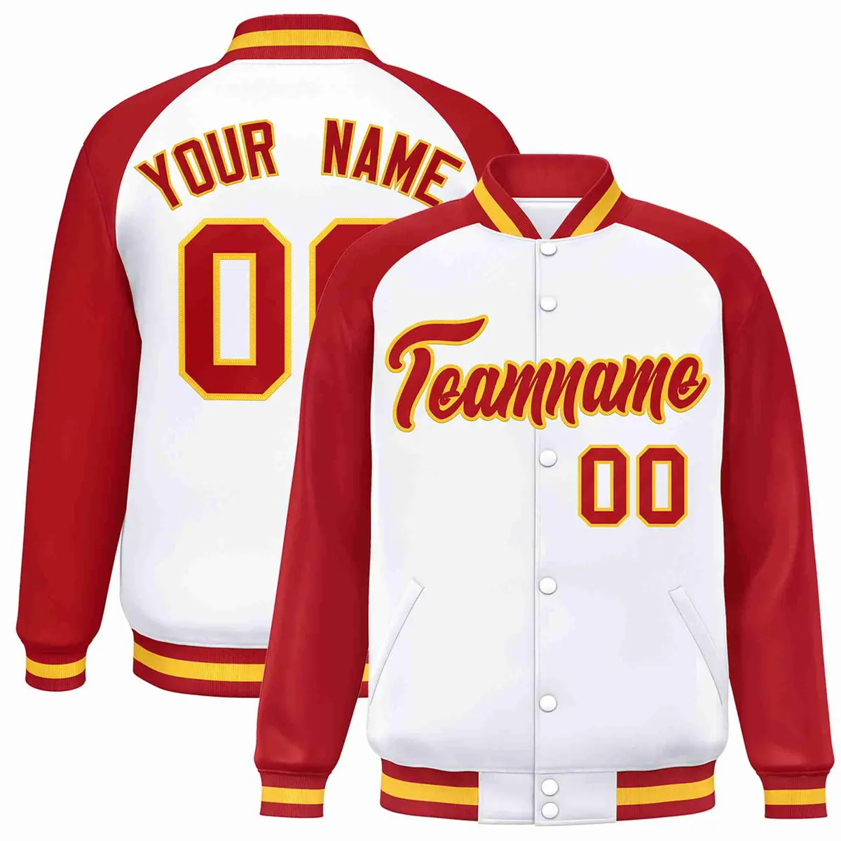 White Red-Gold Raglan Varsity Letterman Full-Snap Jacket