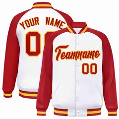 White Red-Gold Raglan Varsity Letterman Full-Snap Jacket 1